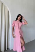 YAKA DÜĞME DETAYLI ELBİSE- Pembe resmi
